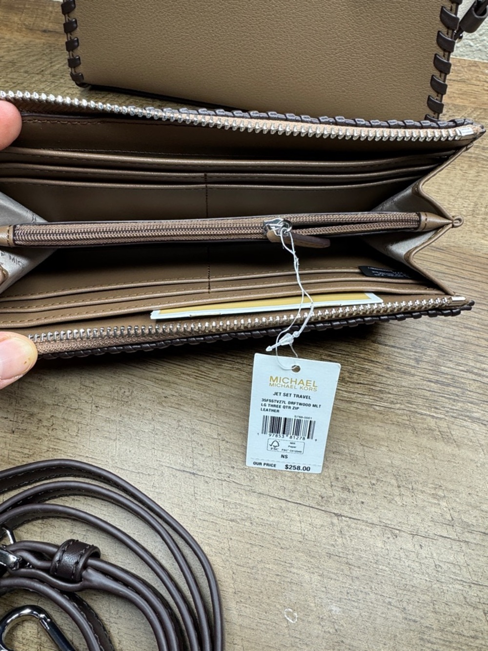 Michael Avril Kors Taupe, Cream & Dark Brown Whipstitch Satchel with Wallet - Picture 10 of 10